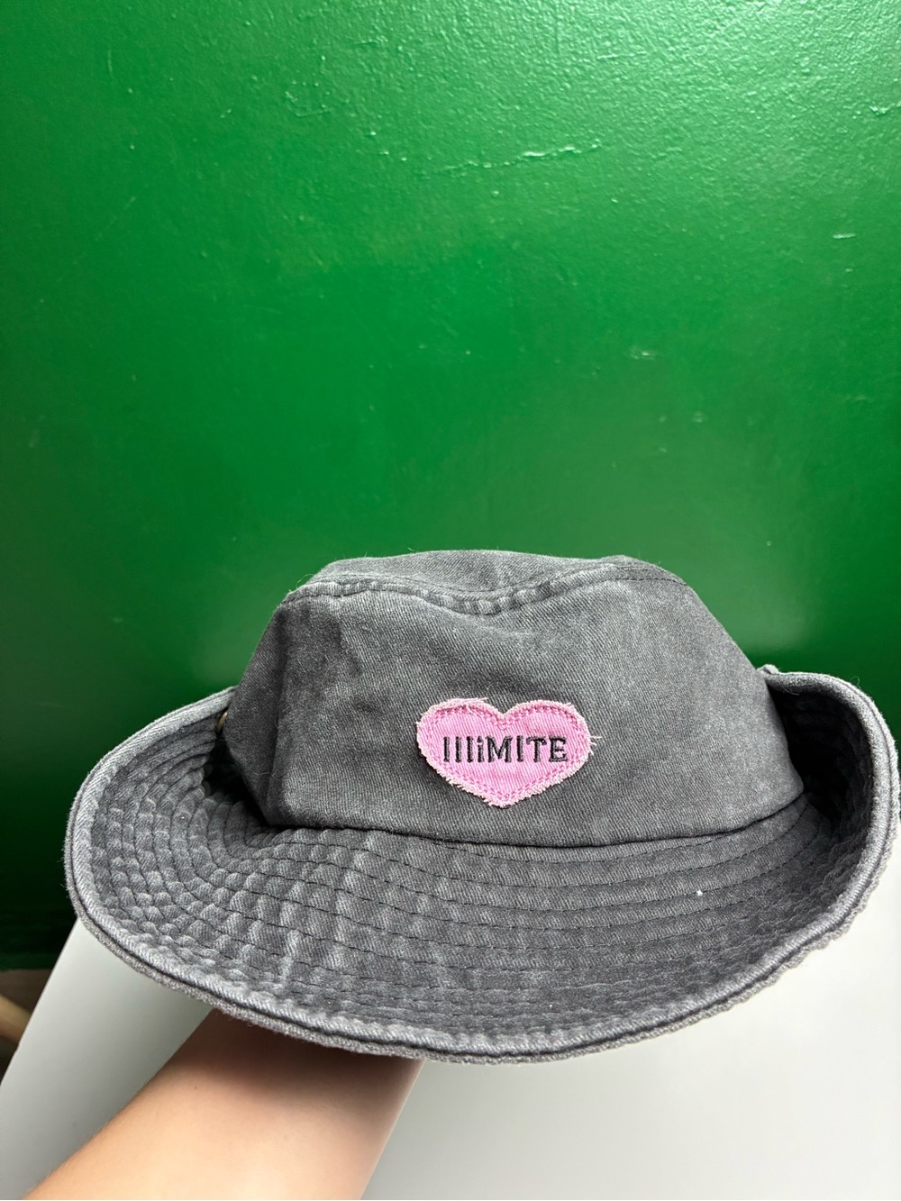 SHEIN Gray Bucket Hat with Pink Heart Patch